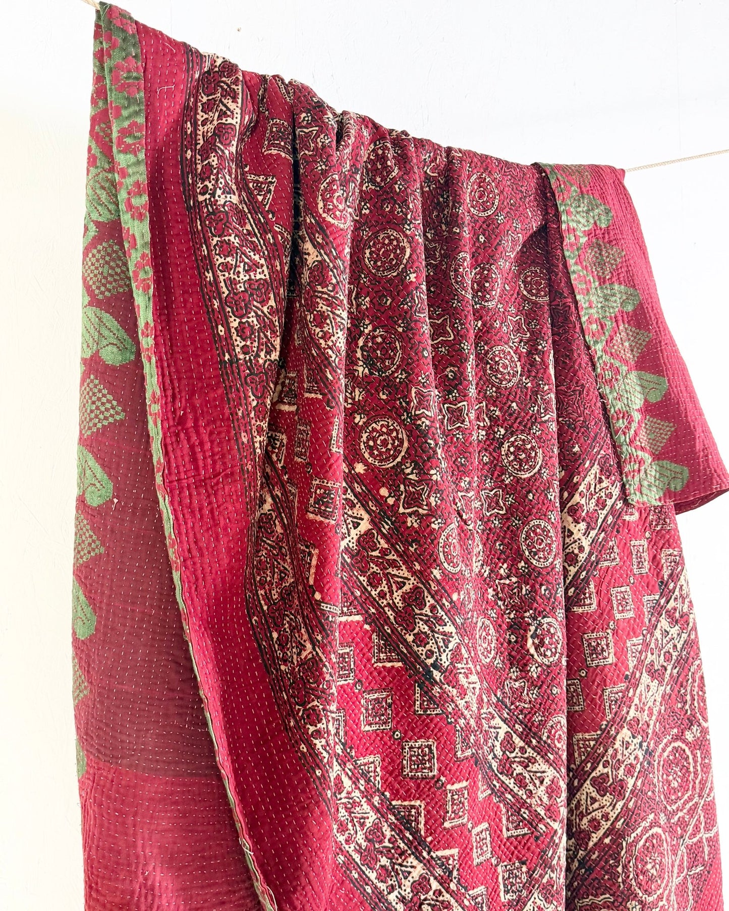 Extra Large Ajrakh Printed Vintage Kantha Quilt In Deep Red - Biggs & Hill