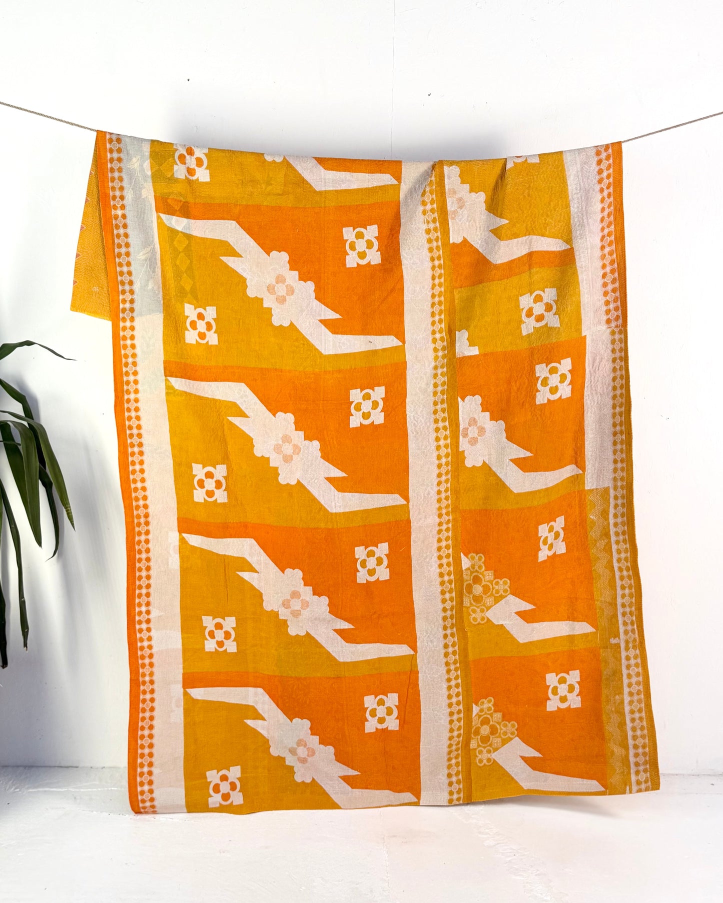 Extra Large Fine Stitched Vintage Kantha Quilt in Geometric Yellow and Orange