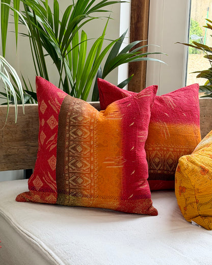 Vintage Kantha Cushion In Sunset Red and Orange - 45cm Square