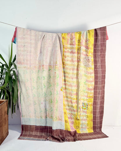 Project Kantha Quilt: Pink, Yellow and Green Patchwork With Authentic Aged Texture