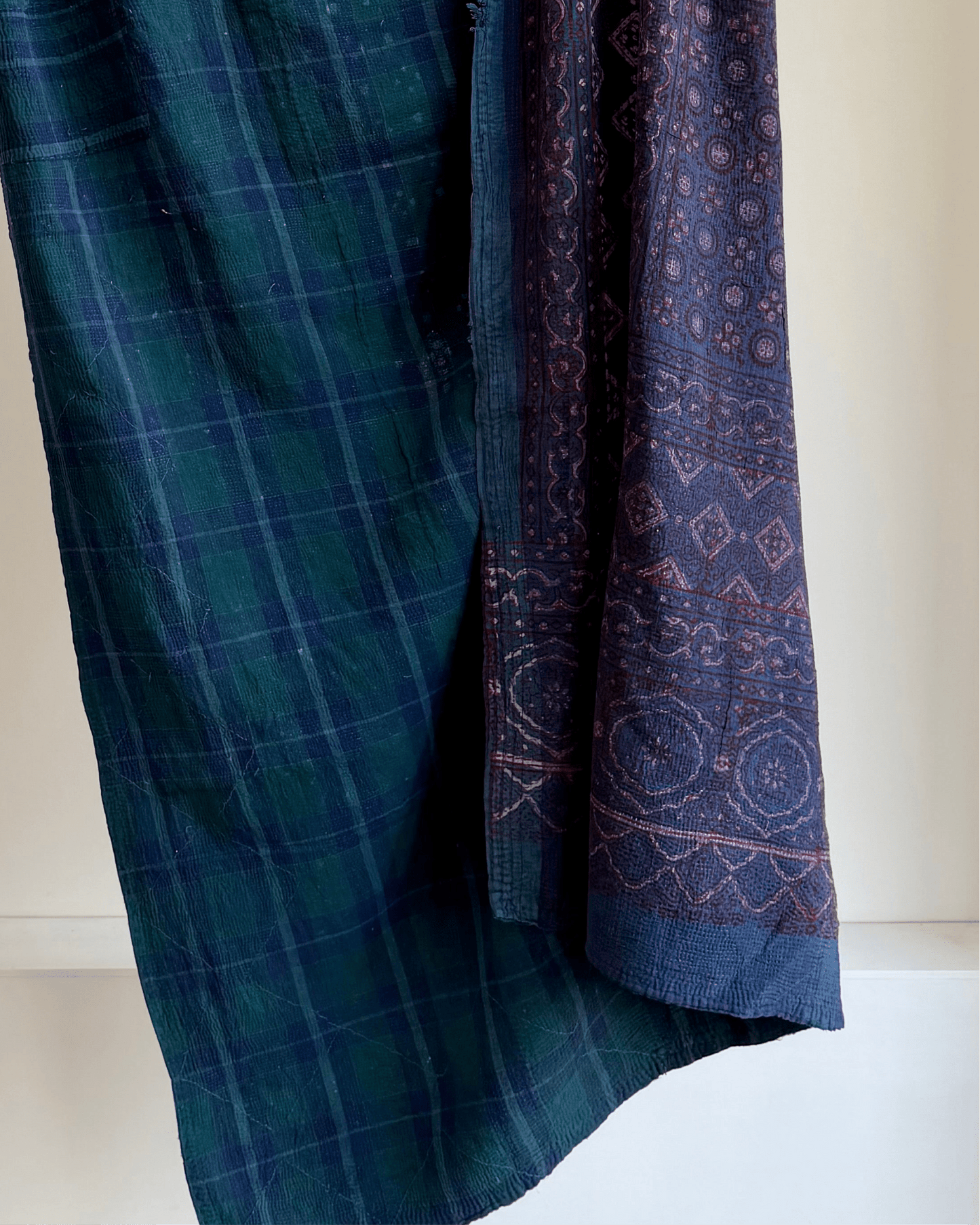 Ajrak Printed Vintage Kantha Quilt In Deep Blue - Biggs & Hill