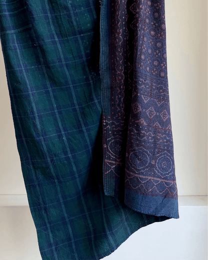 Ajrak Printed Vintage Kantha Quilt In Deep Blue - Biggs & Hill