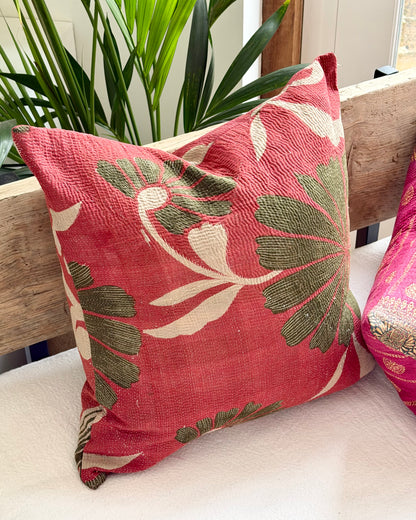 Vintage Kantha Cushion In Green and Pink- 45cm Square