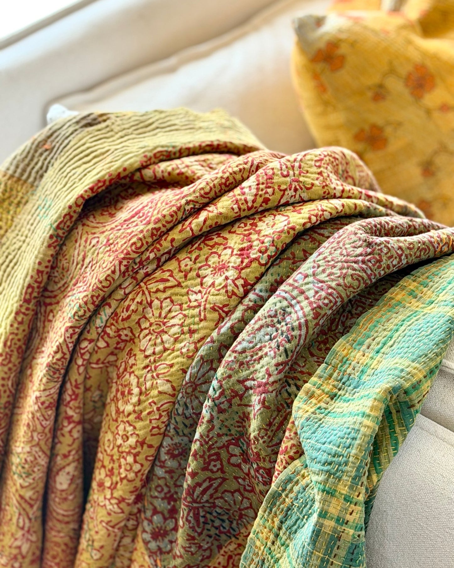 Ajrakh Printed Vintage Kantha Quilt In Green-Gold - Biggs & Hill