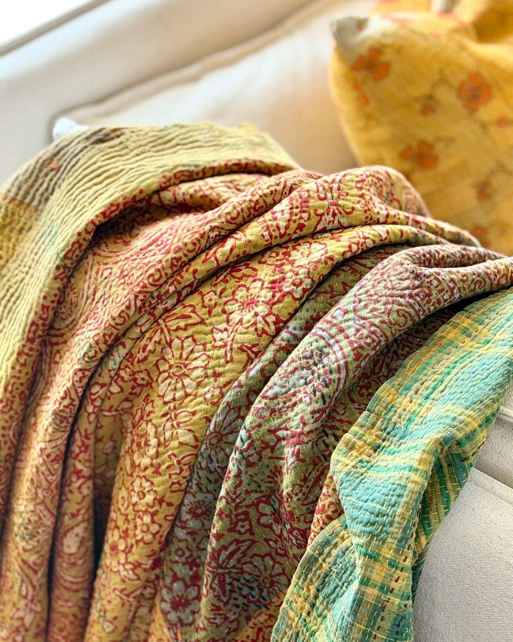 Ajrakh Printed Vintage Kantha Quilt In Green-Gold - Biggs & Hill