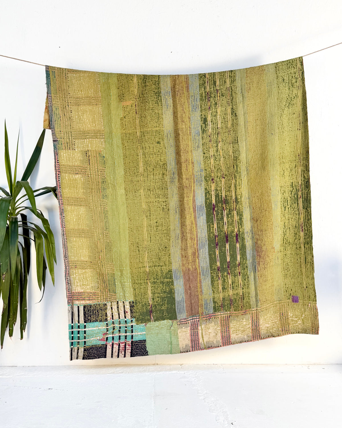 Large Textured Vintage Kantha Quilt In Green and Orange