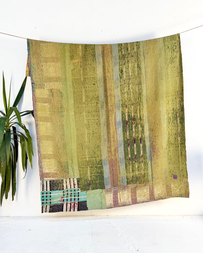 Large Textured Vintage Kantha Quilt In Green and Orange