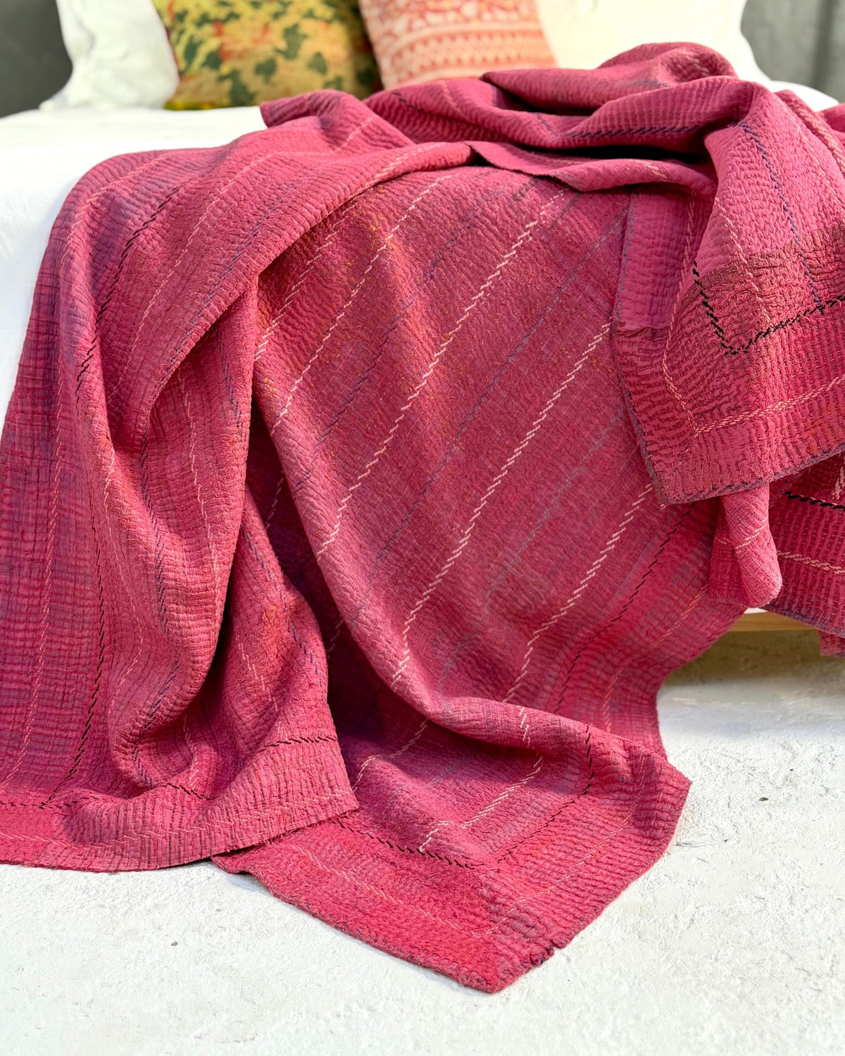 Embroidered Vintage Kantha Quilt in Pink - Biggs & Hill