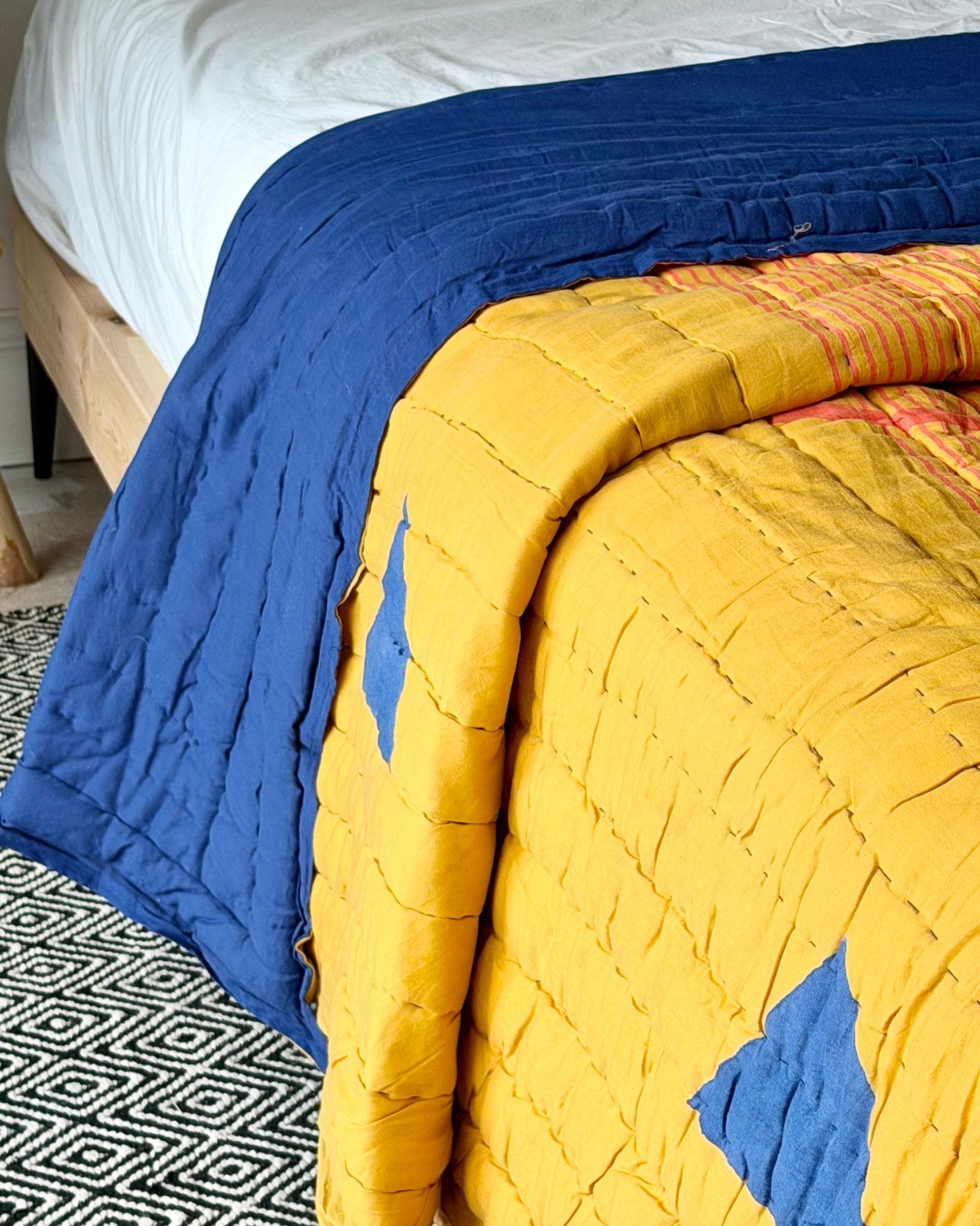 Quilted Kantha In Blue and Yellow With Geometric Patterns - SUPER KING - Biggs & Hill