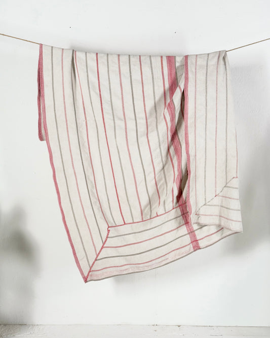 Embroidered Antique Vintage Kantha Quilt in White and Pink