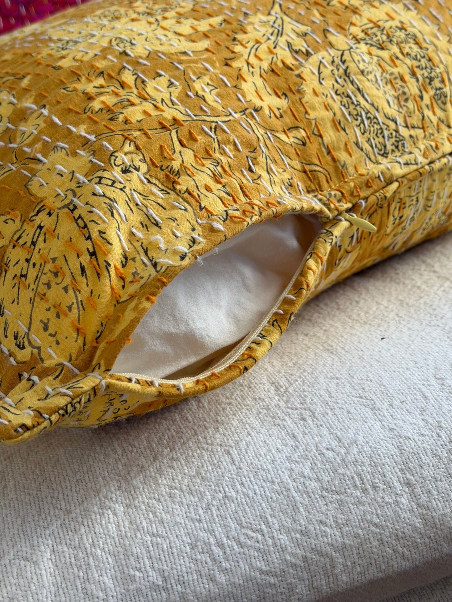 Sunshine Yellow Floral Block Printed Hand Stitched Rectangular Kantha Cushion - Biggs & Hill