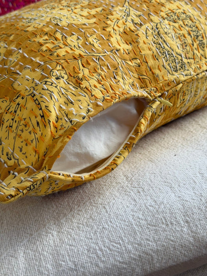 Sunshine Yellow Floral Block Printed Hand Stitched Rectangular Kantha Cushion - Biggs & Hill