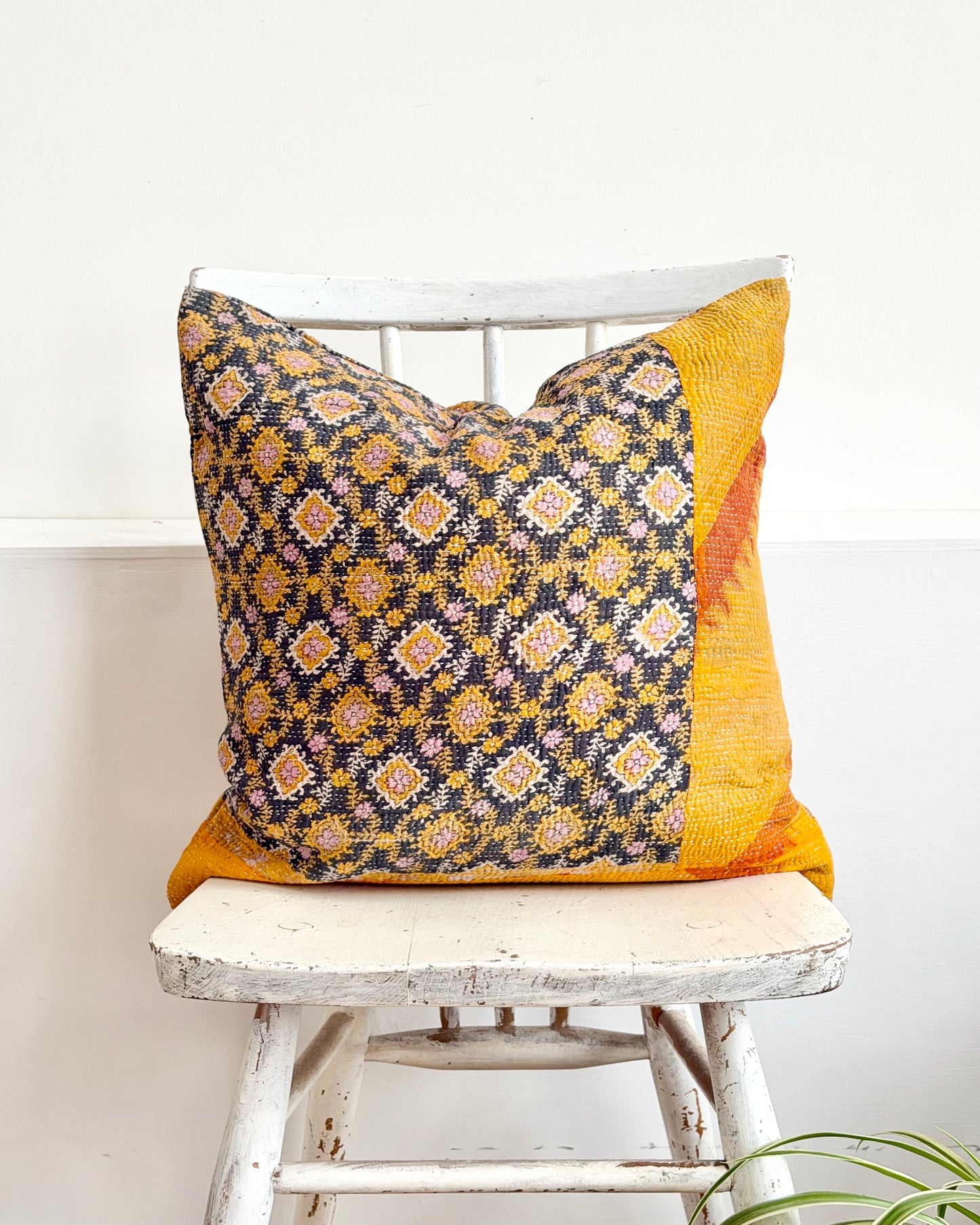 Vintage Kantha Cushion In Yellow and Blue - 45cm Square