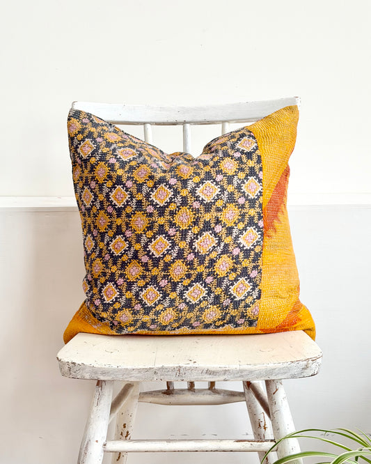 Vintage Kantha Cushion In Yellow and Blue - 45cm Square