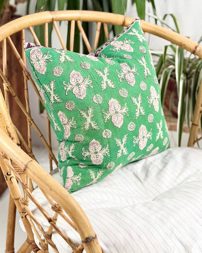 Handmade Vintage Kantha Cushion Cover In Green Floral - 45cm (18") Square - Biggs & Hill