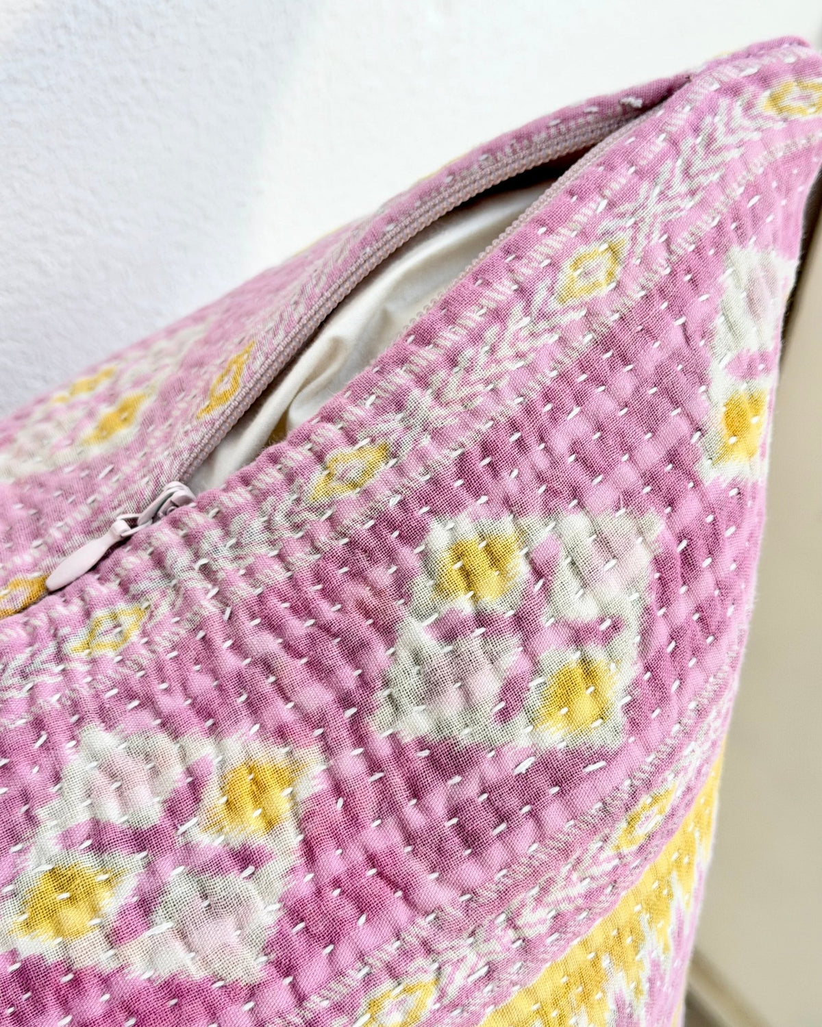 Handmade Vintage Kantha Cushion Cover In Pink- 45cm (18") Square - Biggs & Hill