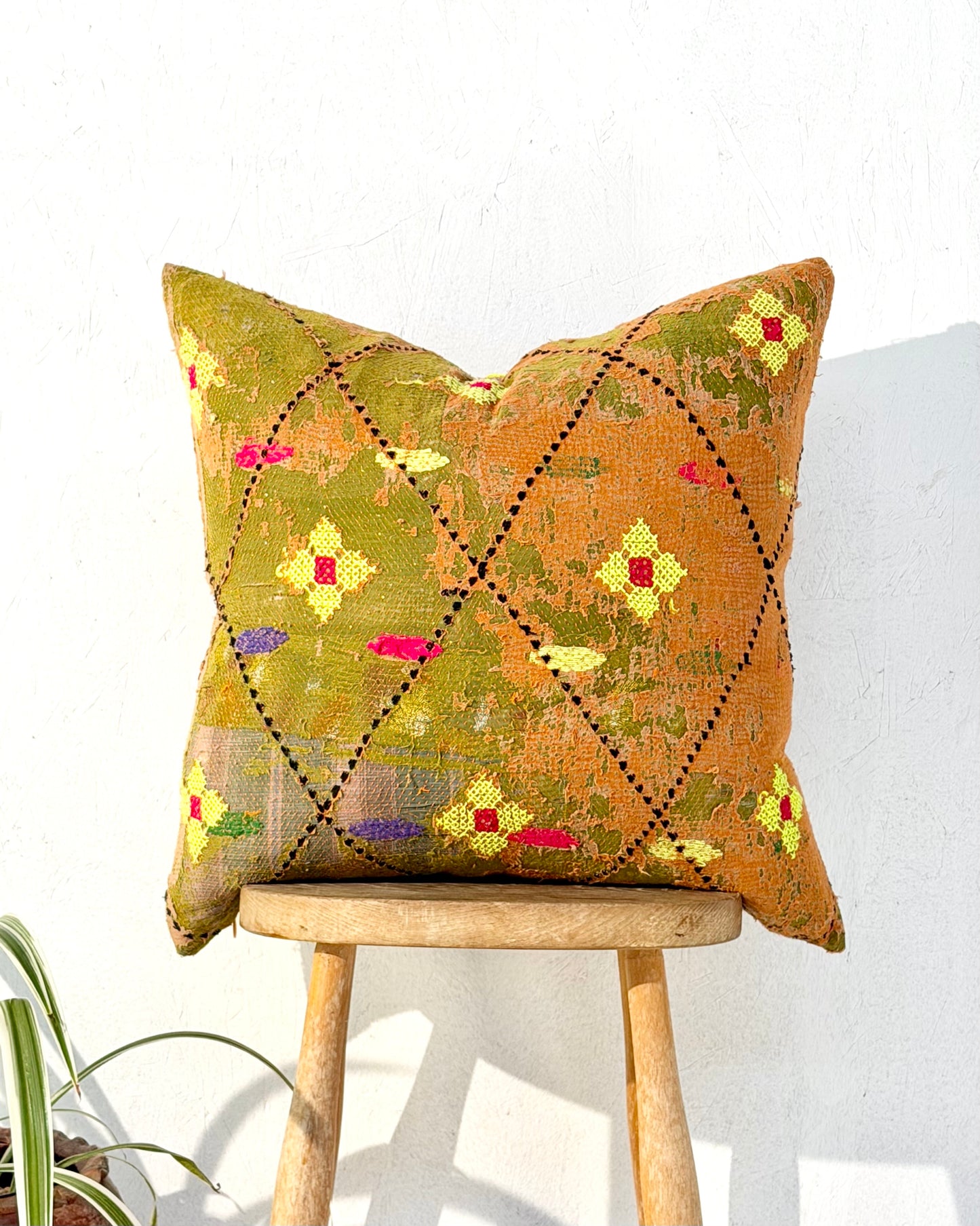 Vintage Kantha Cushion Cover In Textured Orange and Green - 50cm Square
