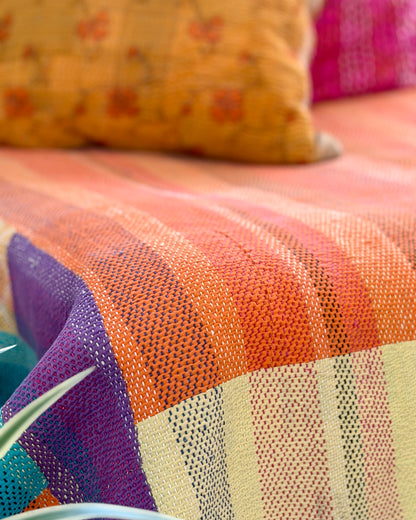 Large Heavy Kantha Blanket Quilt in Pink, Orange and Blue Colour Block