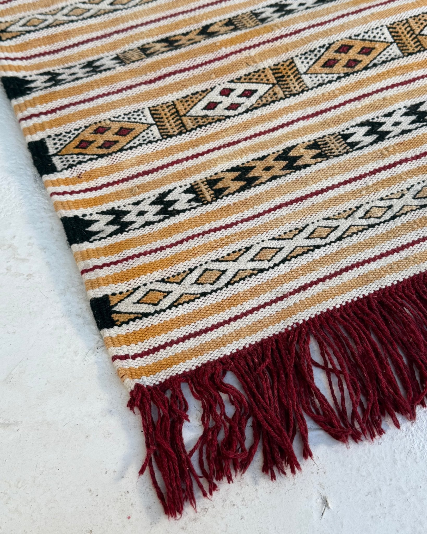 White and Yellow Vintage Turkish Cotton Kilim Runner - Biggs & Hill