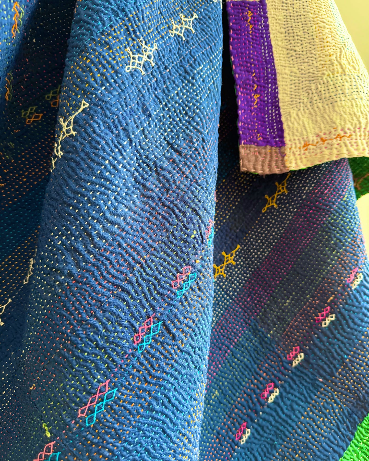 Vintage Embroidered Saami Ralli Quilt in Dark Blue, Green With Brown Colour Block Reverse