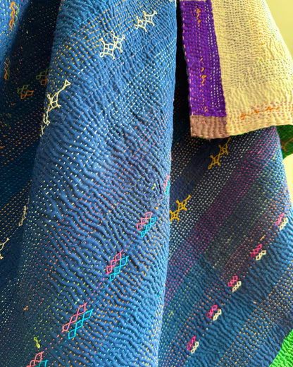 Vintage Embroidered Saami Ralli Quilt in Dark Blue, Green With Brown Colour Block Reverse