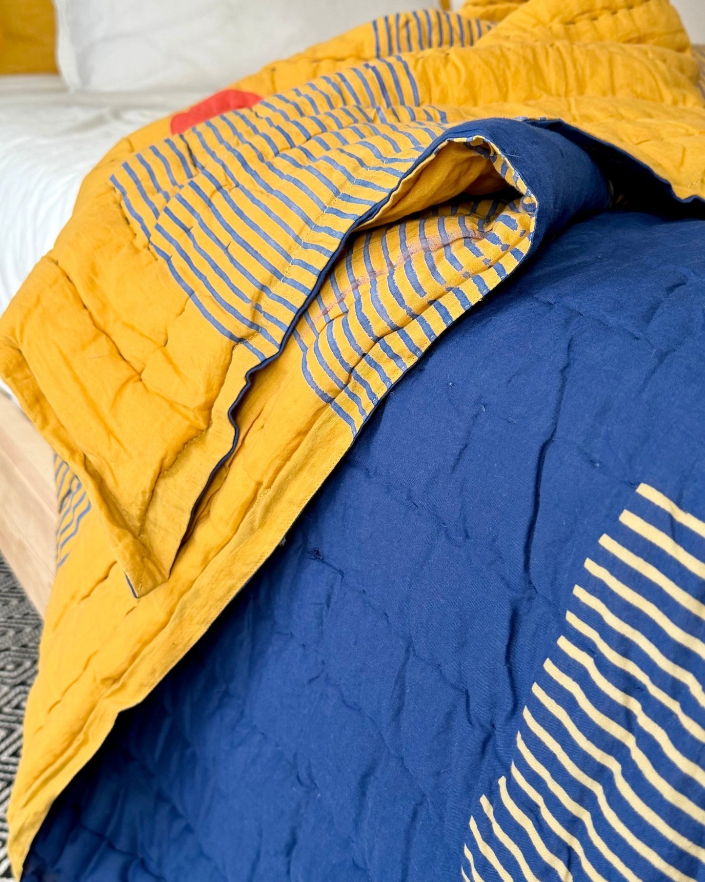 Quilted Kantha In Blue and Yellow With Geometric Patterns - SUPER KING - Biggs & Hill