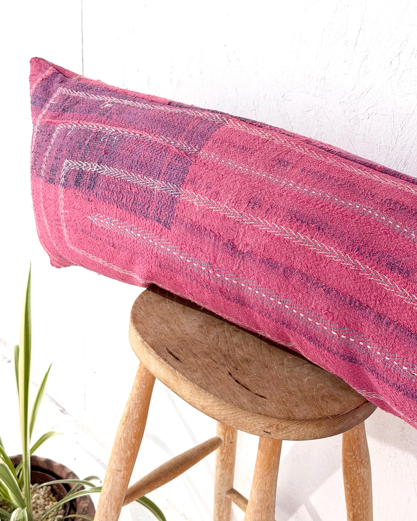 Vintage Kantha Bolster Cushion Cover In Pink With Embroidered Stripes - 80cm