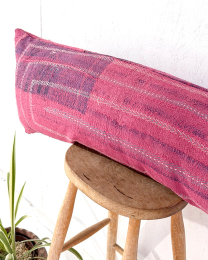 Vintage Kantha Bolster Cushion Cover In Pink With Embroidered Stripes - 80cm