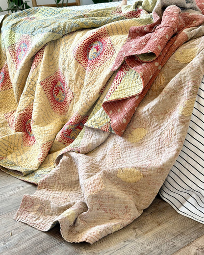 Large Fine Stitched Vintage Kantha Quilt in Soft Green and Brown - FIRST picture - Biggs & Hill