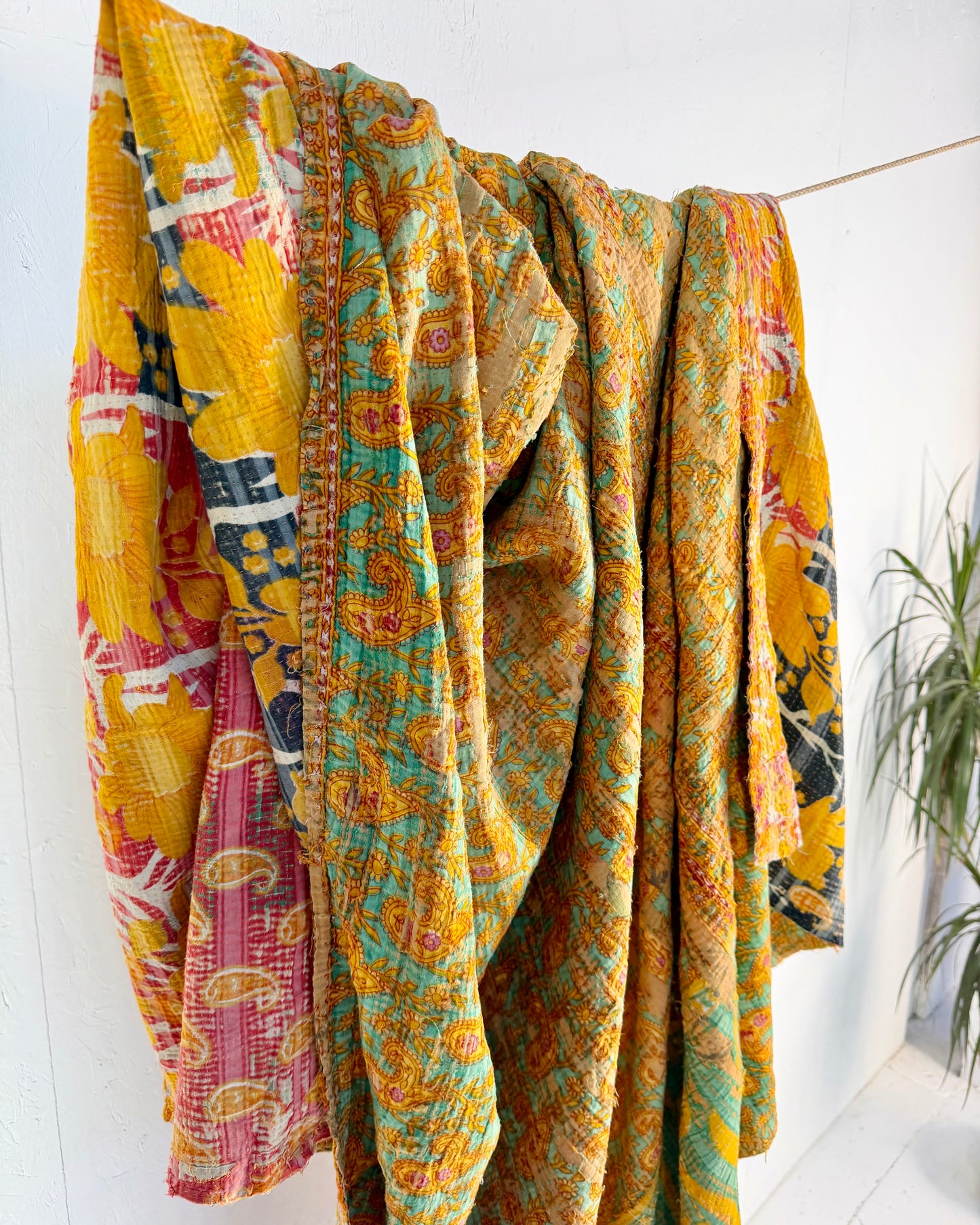 Extra Large Large Fine Stitched Vintage Kantha Quilt in Orange and Navy Blue