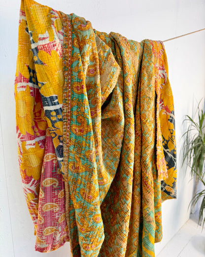 Extra Large Large Fine Stitched Vintage Kantha Quilt in Orange and Navy Blue