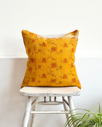 Vintage Kantha Cushion In Yellow Floral - 45cm Square