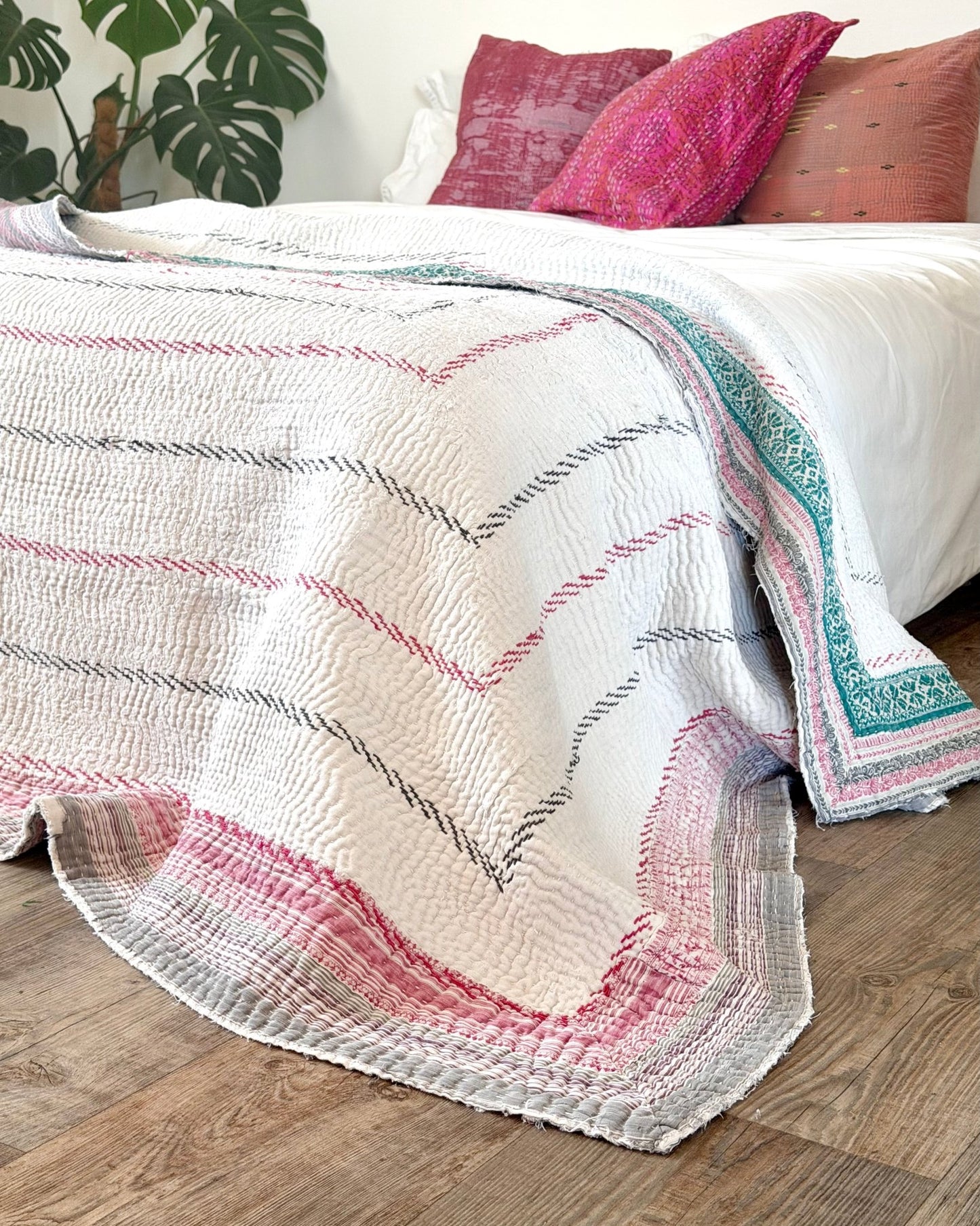 Heavy Fine Stitched Embroidered Vintage Kantha Quilt in White and Pink - Biggs & Hill