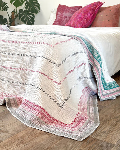 Heavy Fine Stitched Embroidered Vintage Kantha Quilt in White and Pink - Biggs & Hill