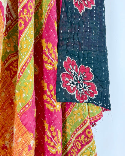 Vintage Cotton Kantha Quilt In Orange and Black 13 - Biggs & Hill