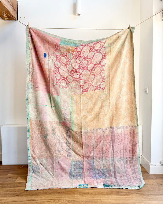 Project Kantha Quilt: Pink, Yellow and Green With Authentic Aged Texture - Biggs & Hill