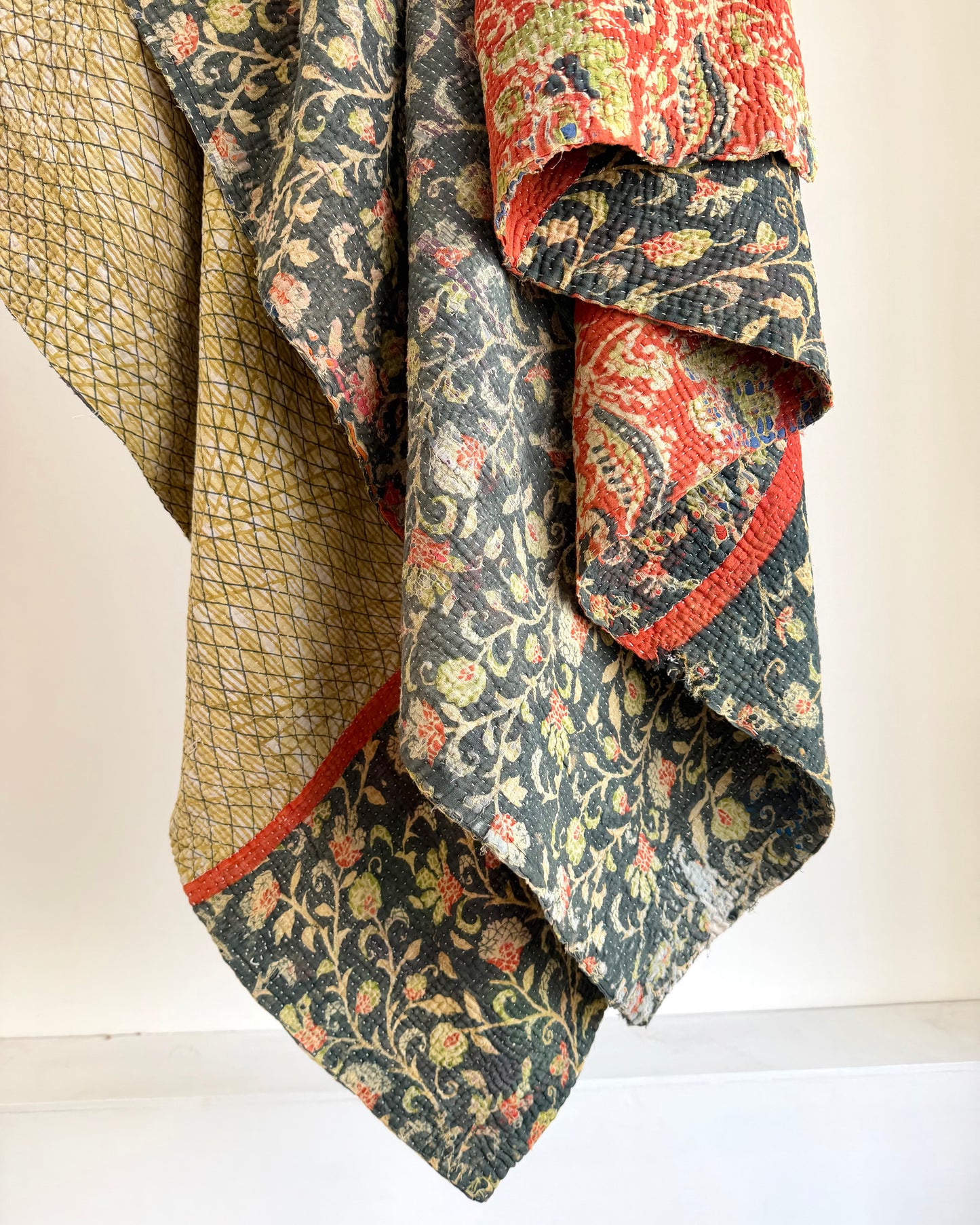 Hand Block Printed Fine Stitched Vintage Kantha Quilt In Muted Blue-Green and Orange