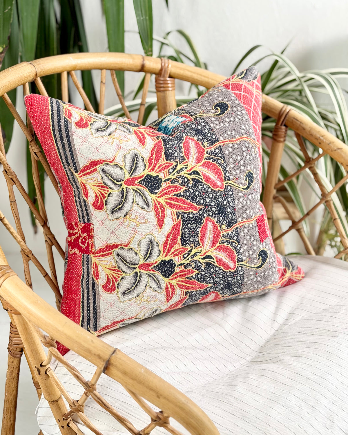 011 - Handmade Vintage Kantha Cushion Cover In Red and Blue - 45cm (18") Square