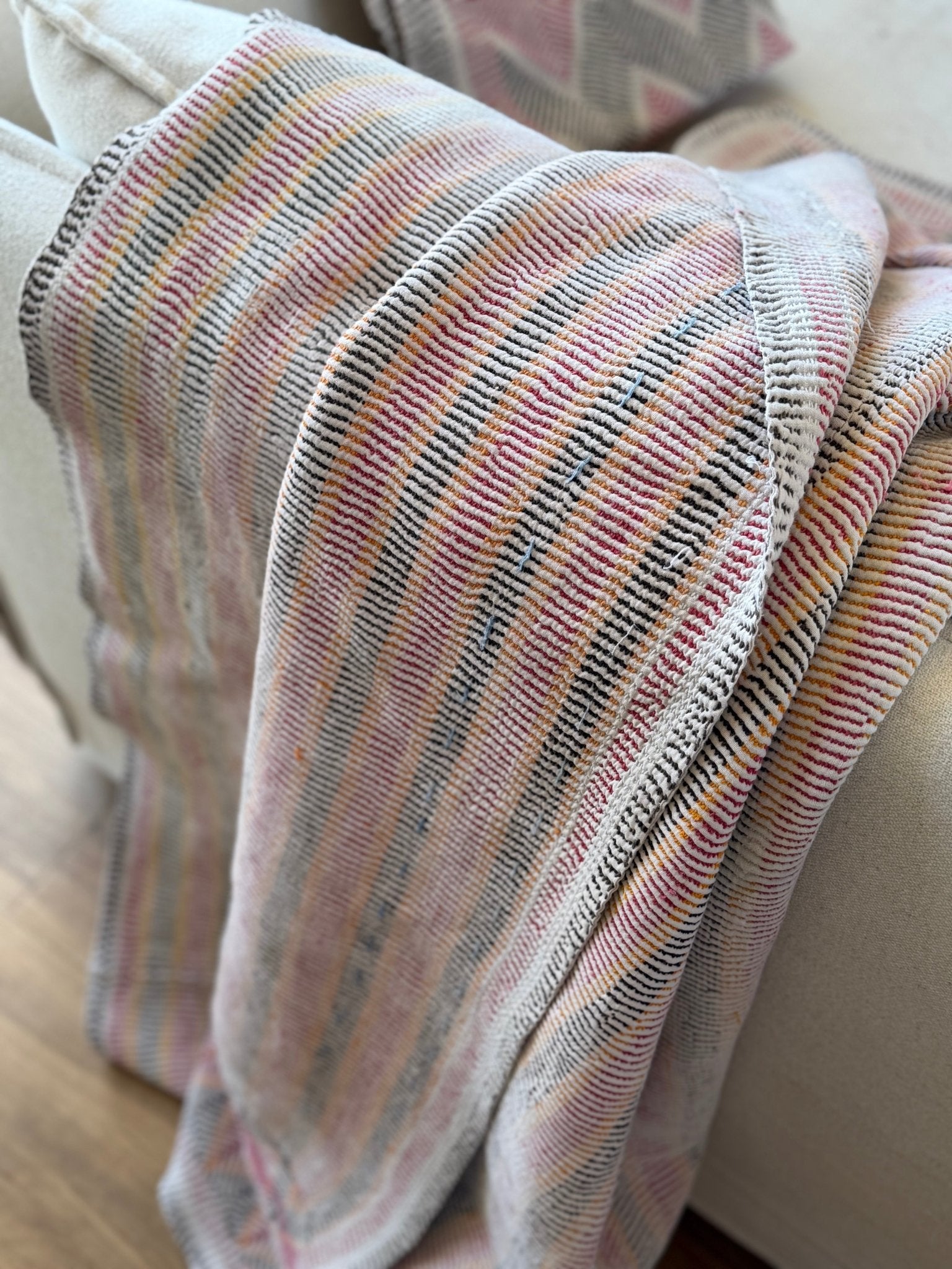 Small Heavy Vintage Lohori Kantha Quilt in Pink and Yellow Stripes - Biggs & Hill