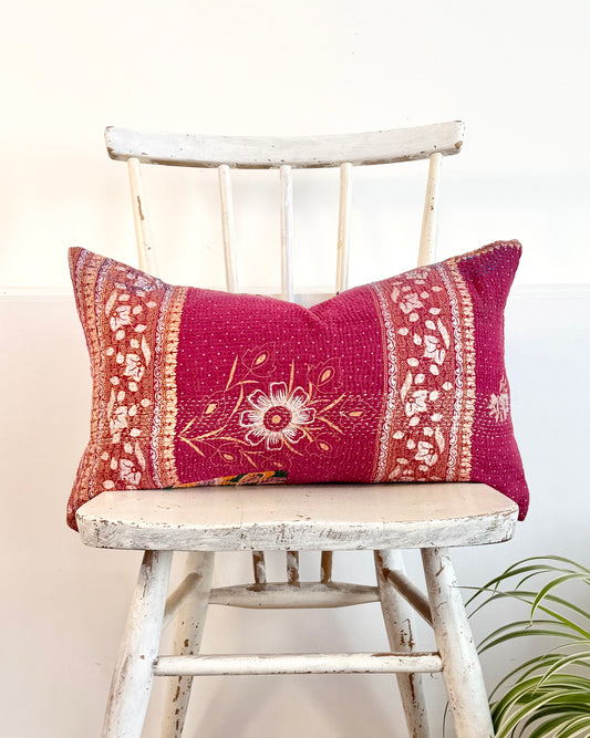 Vintage Kantha Cushion In Burgundy and Gold - Small Rectangular