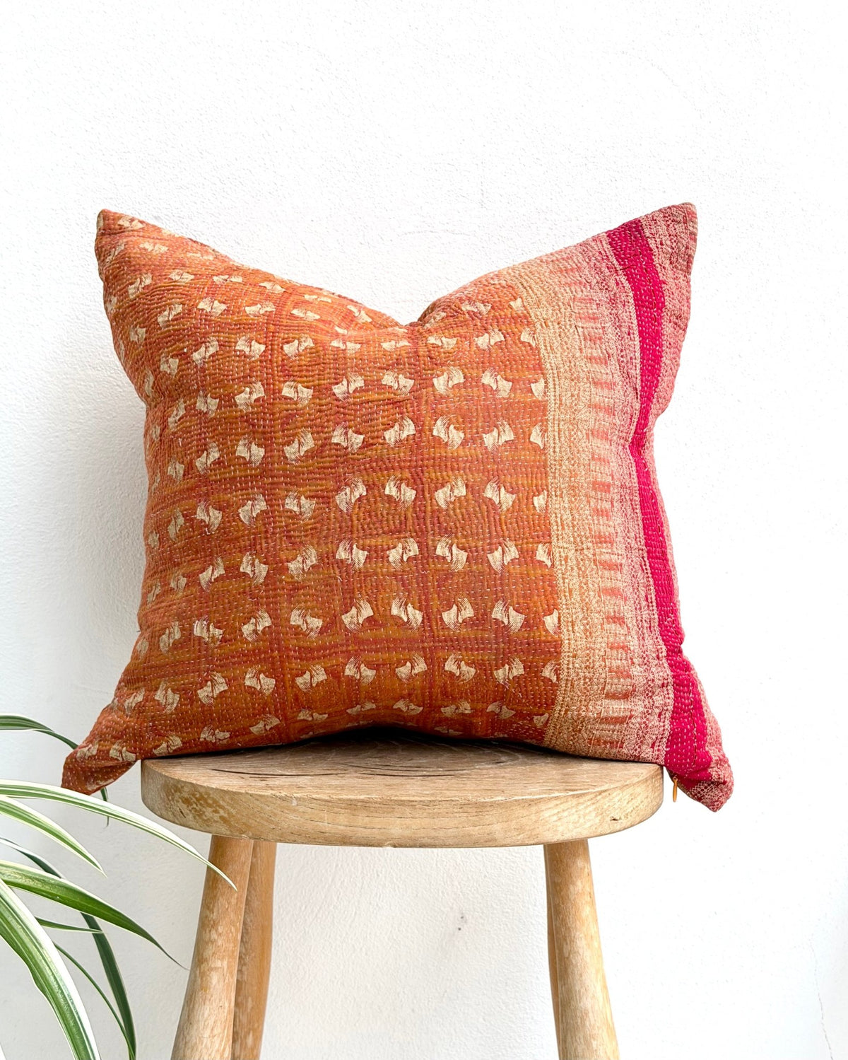 Handmade Vintage Kantha Cushion Cover In Orange and Pink - 45cm (18") Square - Biggs & Hill