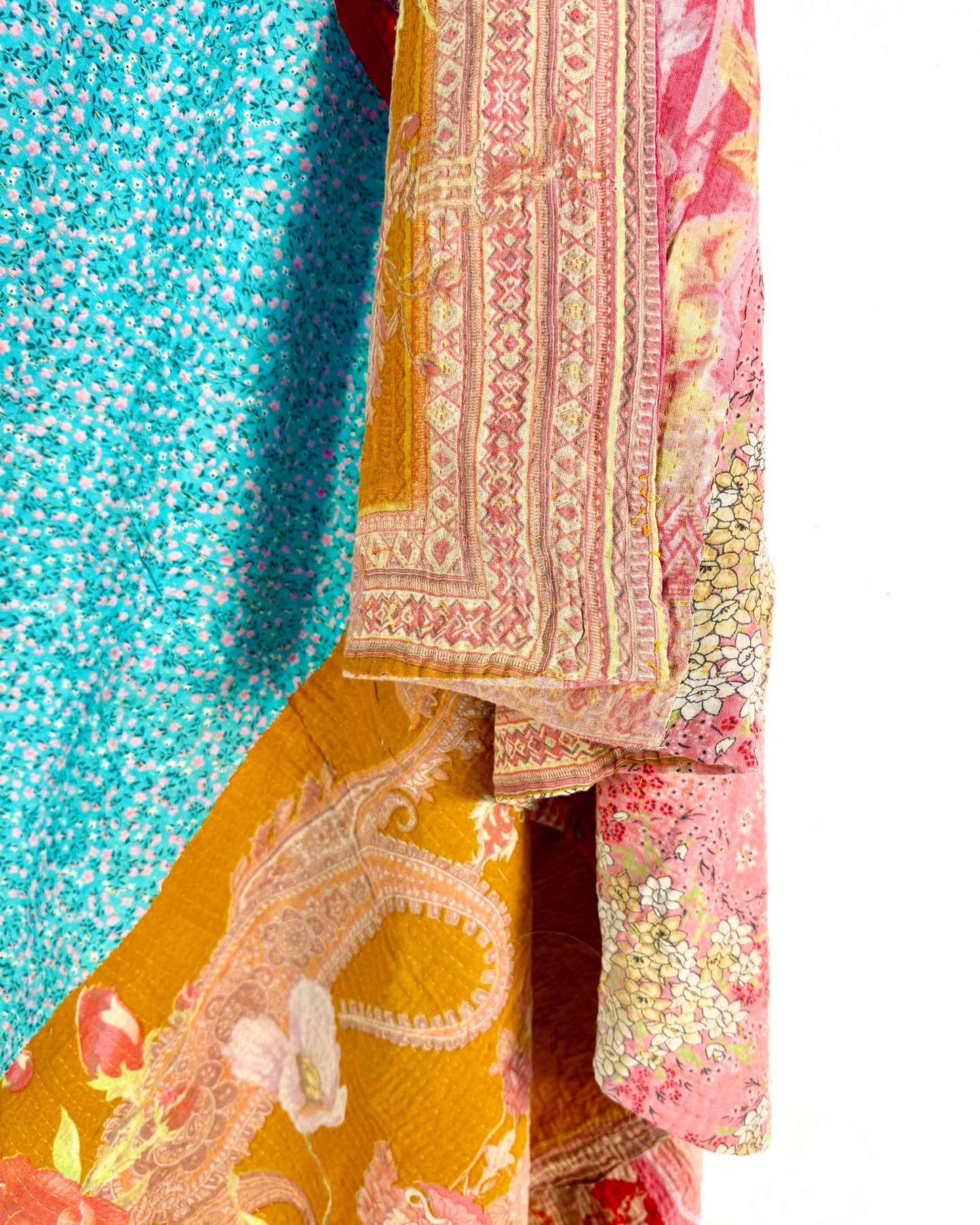 Extra Large Large Fine Stitched Vintage Kantha Quilt in Vibrant Pink, Turquoise, Mustard and Red