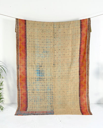 Large Textured Vintage Kantha Quilt In Soft Yellow and Orange