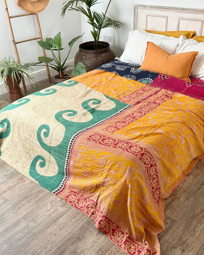 Super King Vintage Kantha Quilt in Pink, Blue and Yellow - Biggs & Hill