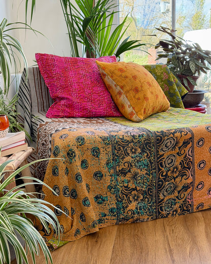 Extra Large Fine Stitched Vintage Kantha Quilt in Vibrant Green and Blue