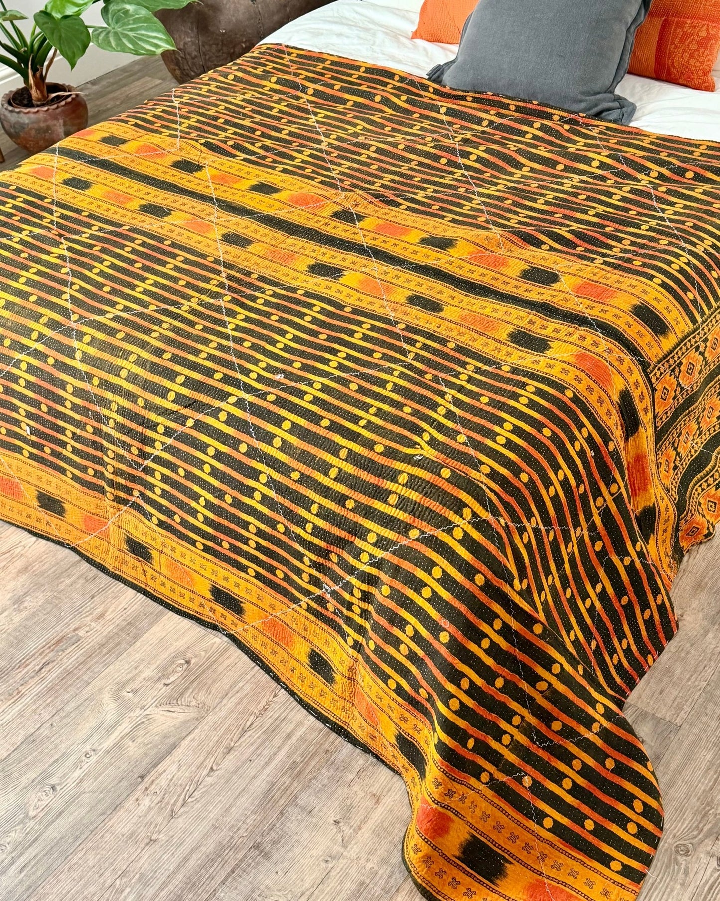 Large Fine Stitched Vintage Kantha Quilt in Orange, Black and Pink - Biggs & Hill