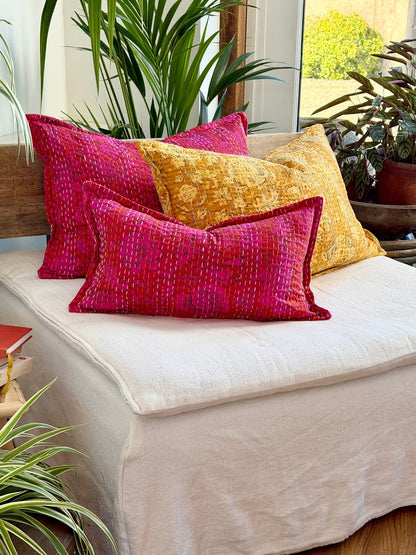 Pink Floral Block Printed Hand Stitched Rectangular Kantha Cushion - Biggs & Hill