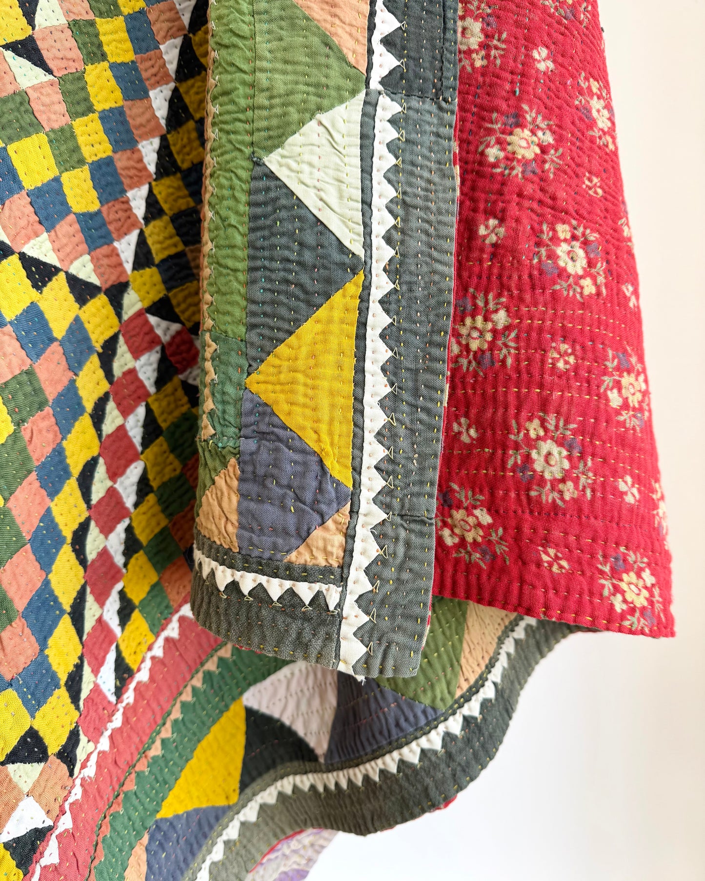 Vintage Embroidered Patchwork Ralli Quilt in Shades of Green