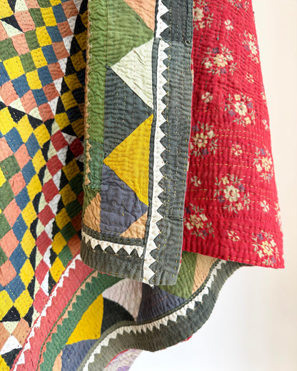 Vintage Embroidered Patchwork Ralli Quilt in Shades of Green