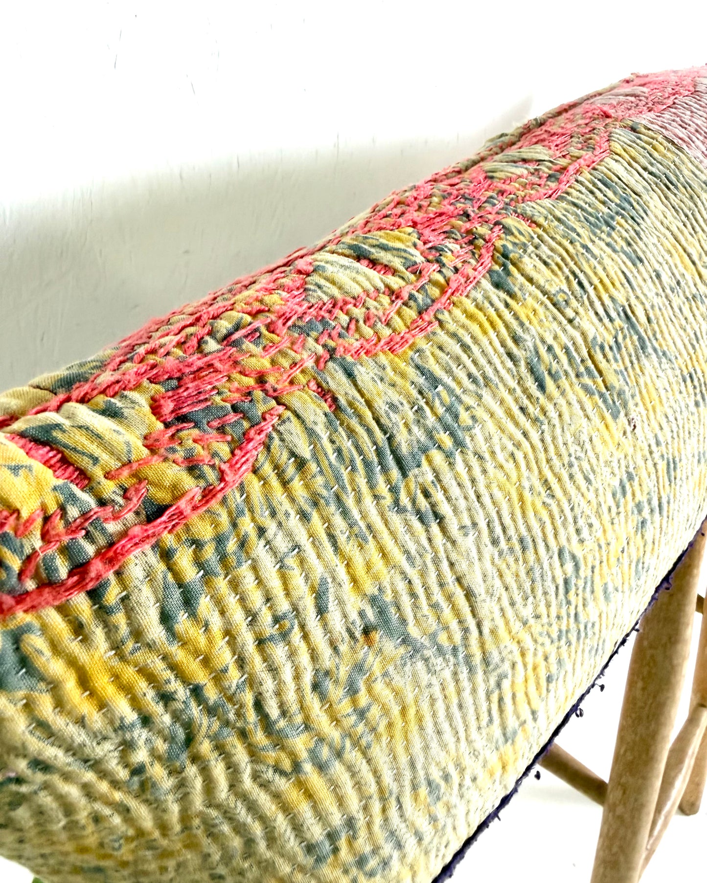 Vintage Kantha Bolster Cushion Cover In Green and Pink With Embroidery 30 x 100cm